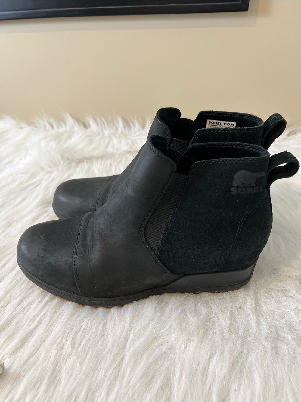 Sorel Evie II pull on wedge bootie waterproof black leather suede